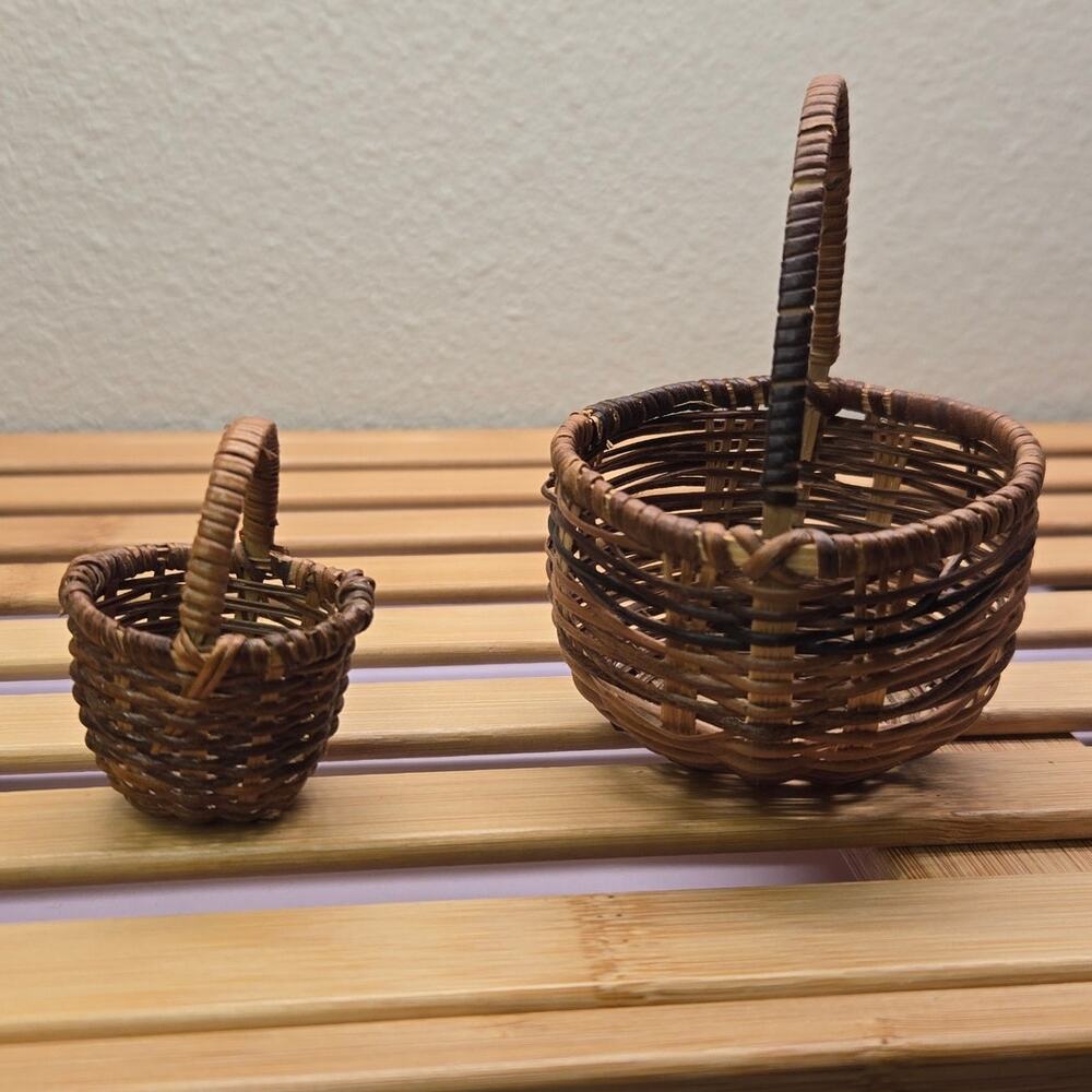 Vintage Miniature Woven Baskets Pair Set 2" 4" Native Style Mississippi Craft